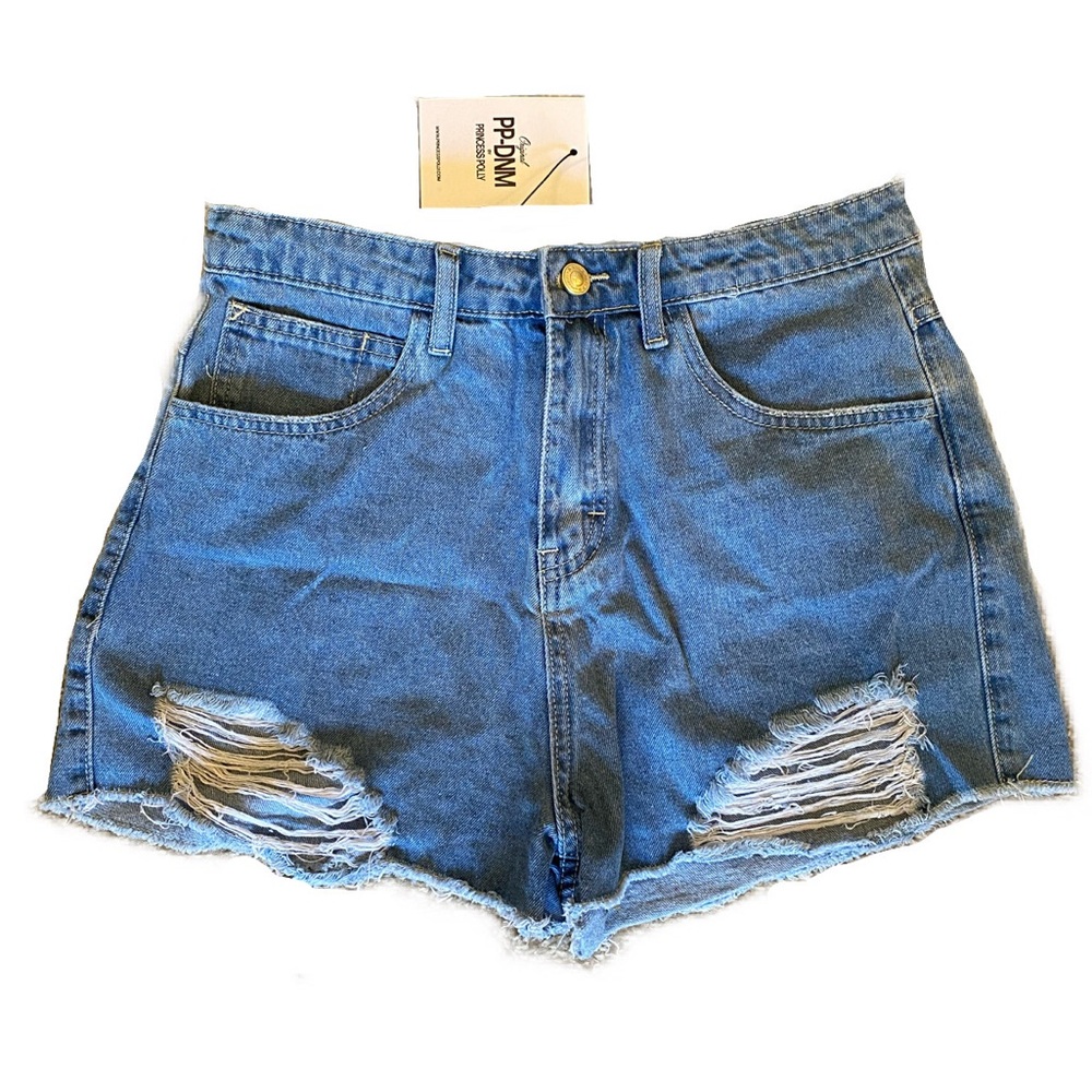 NWT Princess Polly Women’s 8 Elise Jean Shorts Blue Denim Highwaist Distressed